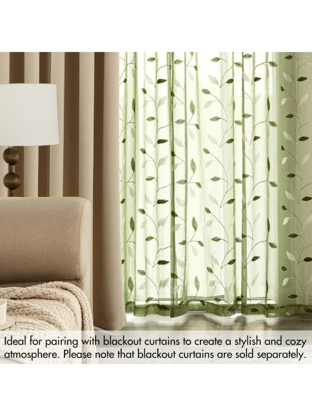 Sage Green Sheer Curtains 2 Panels, Leaf Pattern, Embroidered Floral, Rod